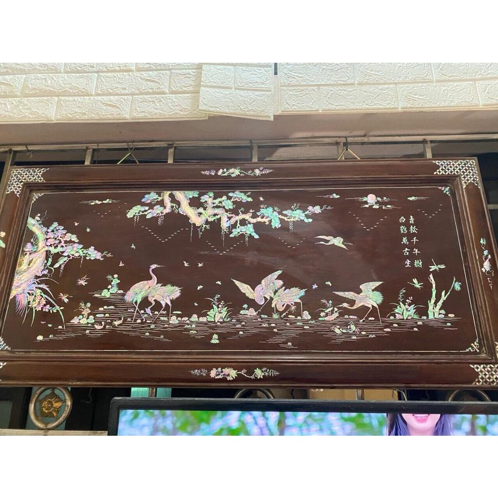 Tranh treo tường gỗ gụ tích tùng hạc tùng hạc khảm ốc đỏ singgapore kt 60×120×4cm