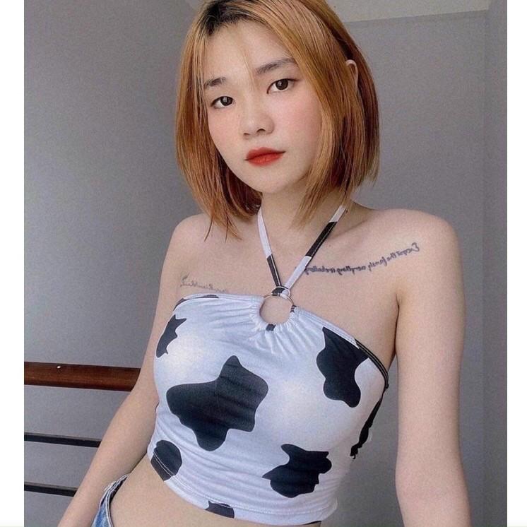 Áo croptop yếm chéo dây có mút ngực bò sữa