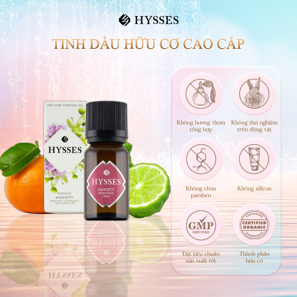 Tinh Dầu Cao Cấp Hysses Remedies Anxiety Hương Thơm Ngọt Dễ Chịu, Giảm Căng Thẳng, Stress, Mang Đến Cảm Giác Thư Thái Với Tinh Dầu Cam Bergamot và Quýt Hữu Cơ Tự Nhiên