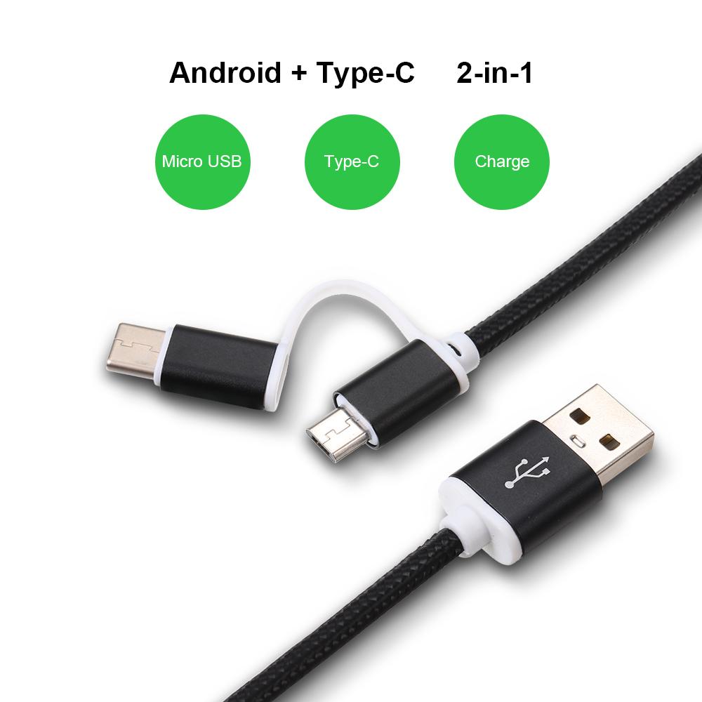 2-in-1 USB 2.0 Male to Type-C/Micro USB Nylon Braided Charge Cable Replacement For Huawei Samsung HTC Xiaomi etc. (1m,