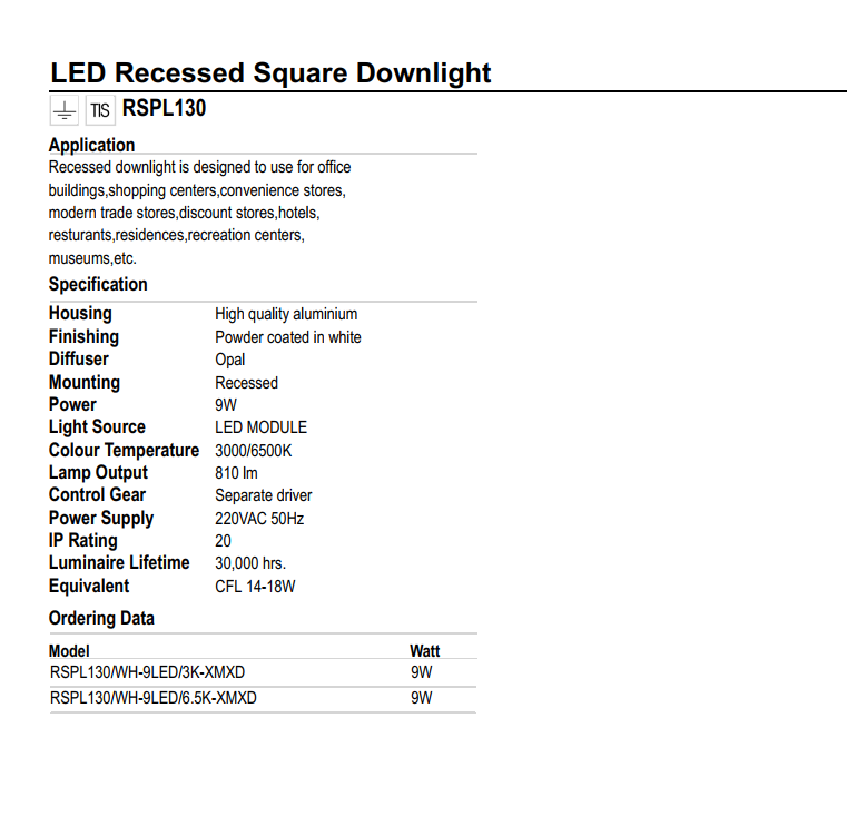 ĐÈN LED ÂM TRẦN VUÔNG LUMAX#RSPL130/W-9LED