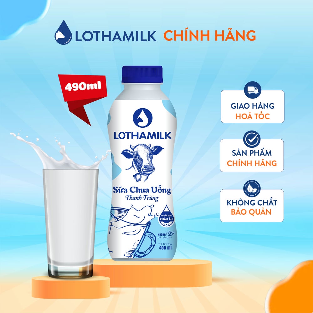 Sữa chua uống thanh trùng Lothamilk có đường chai 490ml