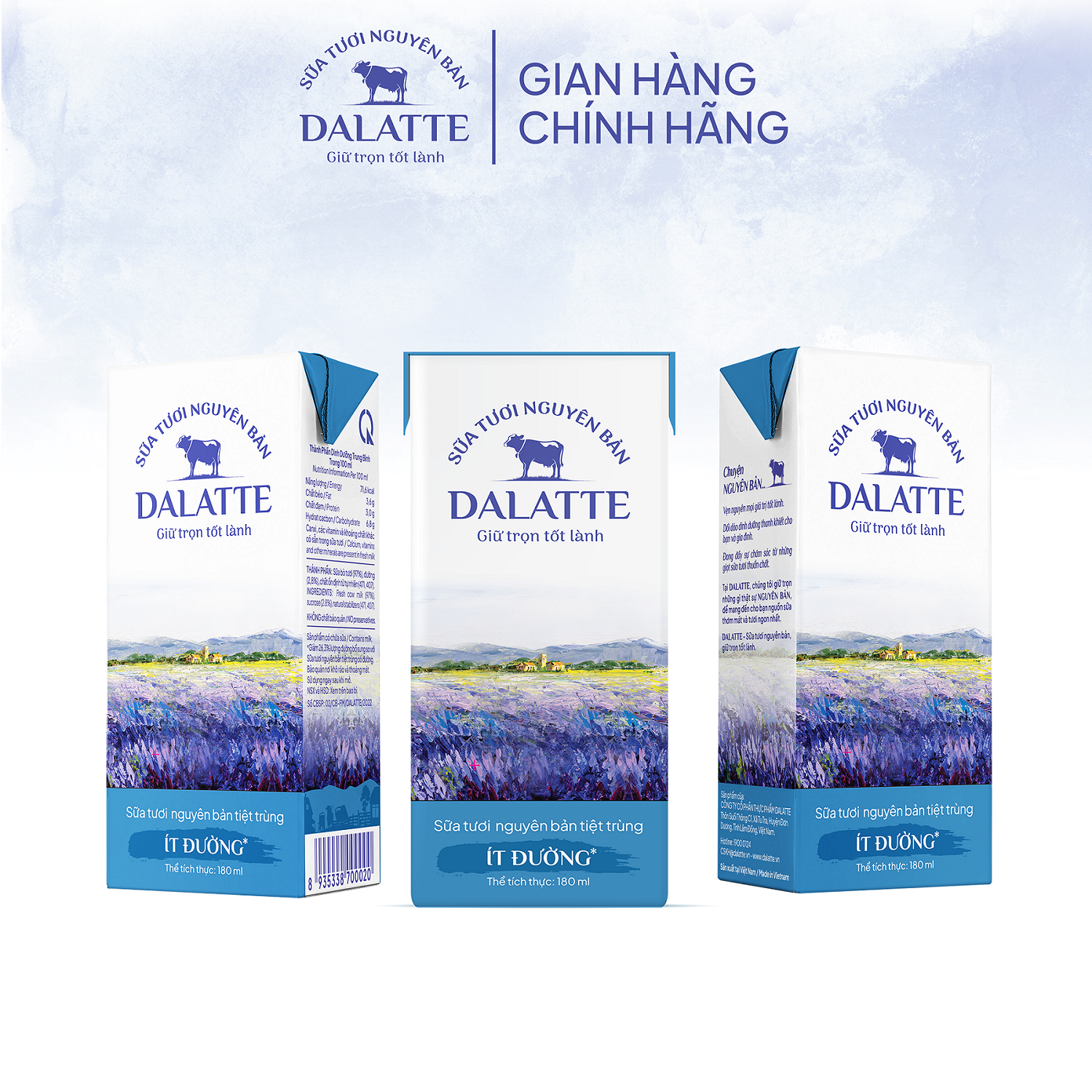 Thùng 48 hộp DALATTE 180ml SỮA TƯƠI NGUYÊN BẢN tiệt trùng - Ít đường - 48 hộp - Giữ trọn nguyên bản, trao trọn tốt lành
