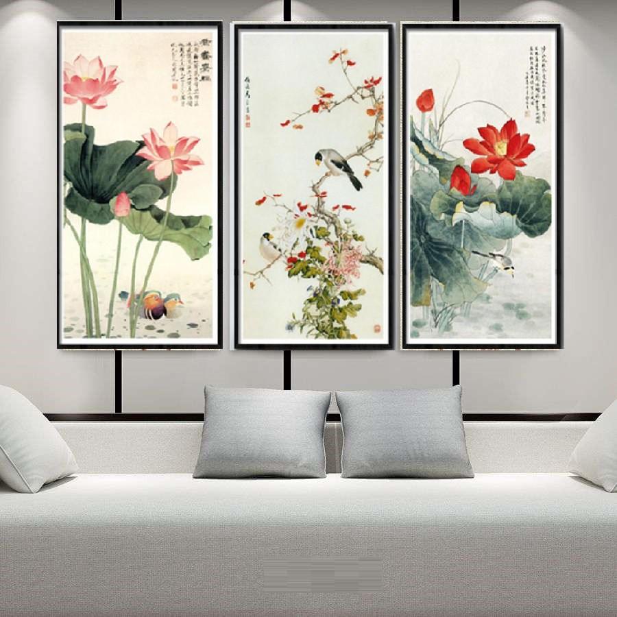 Bộ 3 Tranh Treo Tường Phong Thuỷ Hoa Sen, Liên Hoa Trước Gió ( 35 x 70cm) CV18