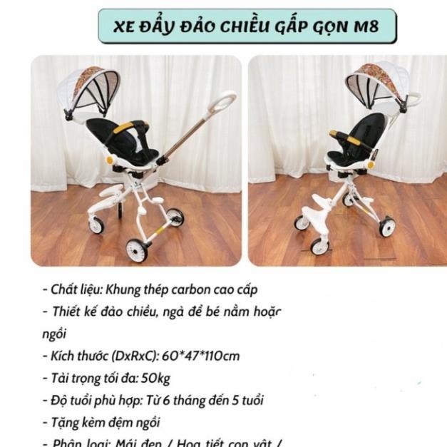 Xe đẩy đi dạo 2 chiều ghế ngả có đệm + mái M8