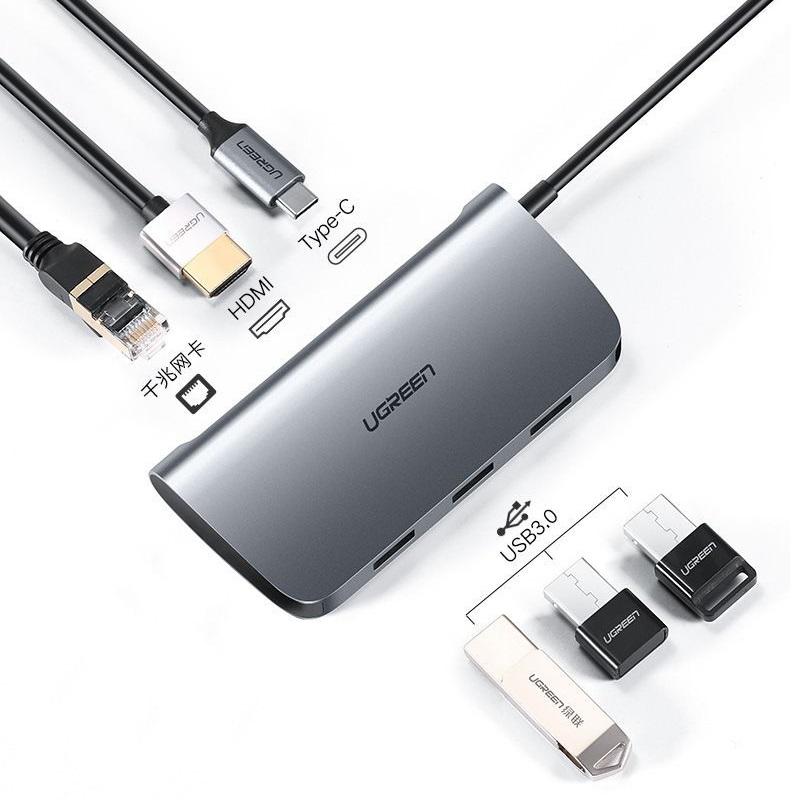 Ugreen UG50771CM212TK Bộ chuyển đổi TYPE C sang 2 USB 3.0 + HDMI + LAN + hỗ trợ nguồn TYPE C - HÀNG CHÍNH HÃNG