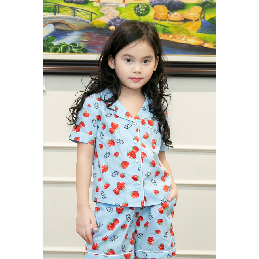 Đồ ngủ Pijama bé gái màu xanh nước biển hình quả dâu đỏ