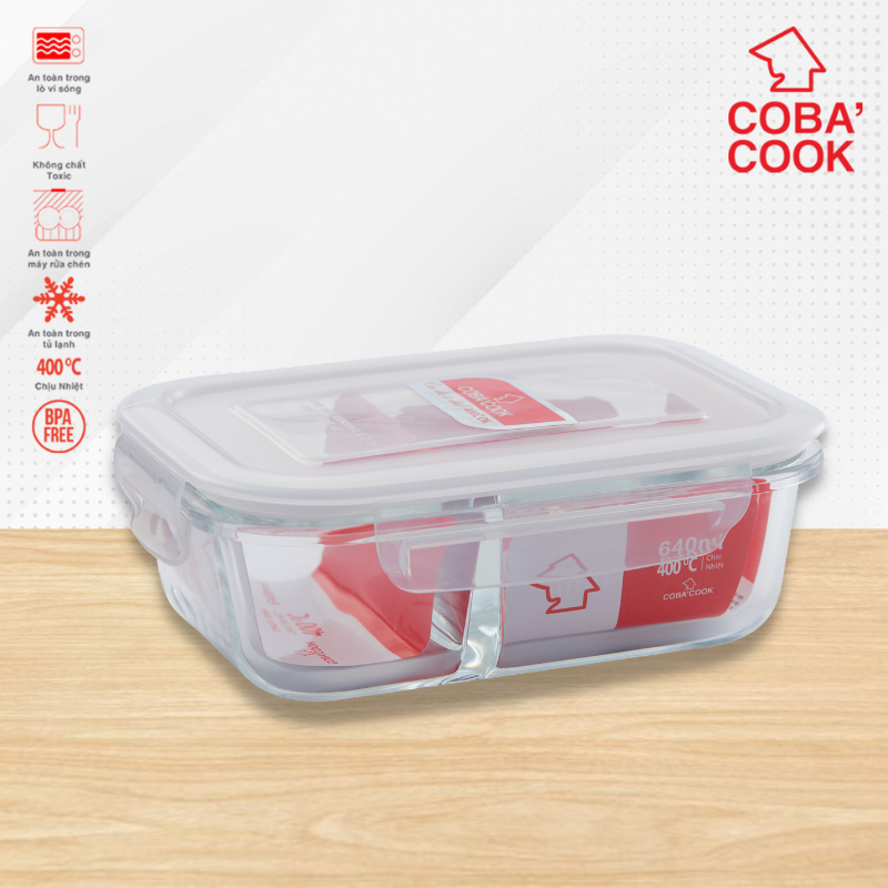 Hộp Thủy Tinh Chia 2 Ngăn COBACOOK Đựng Cơm Đựng Thực Phẩm 640ml- CBHL640N