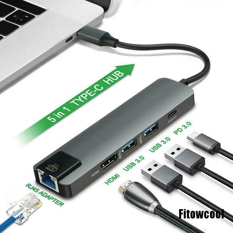 Cáp Chuyển Đổi Adapter USB Type C 5in1 Tích Hợp Cổng Mạng Lan, Sạc Nhanh PD, USB 3.0 Và HDMI