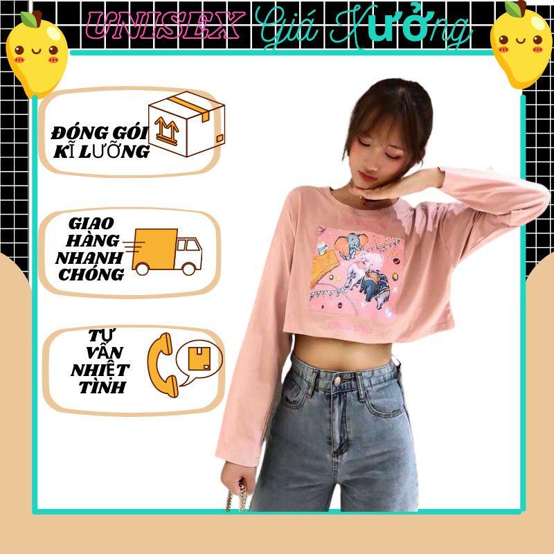 Áo thun croptop nữ tay dài , from rộng, freesize , thun cotton mềm mịn hình chú voi đội nón