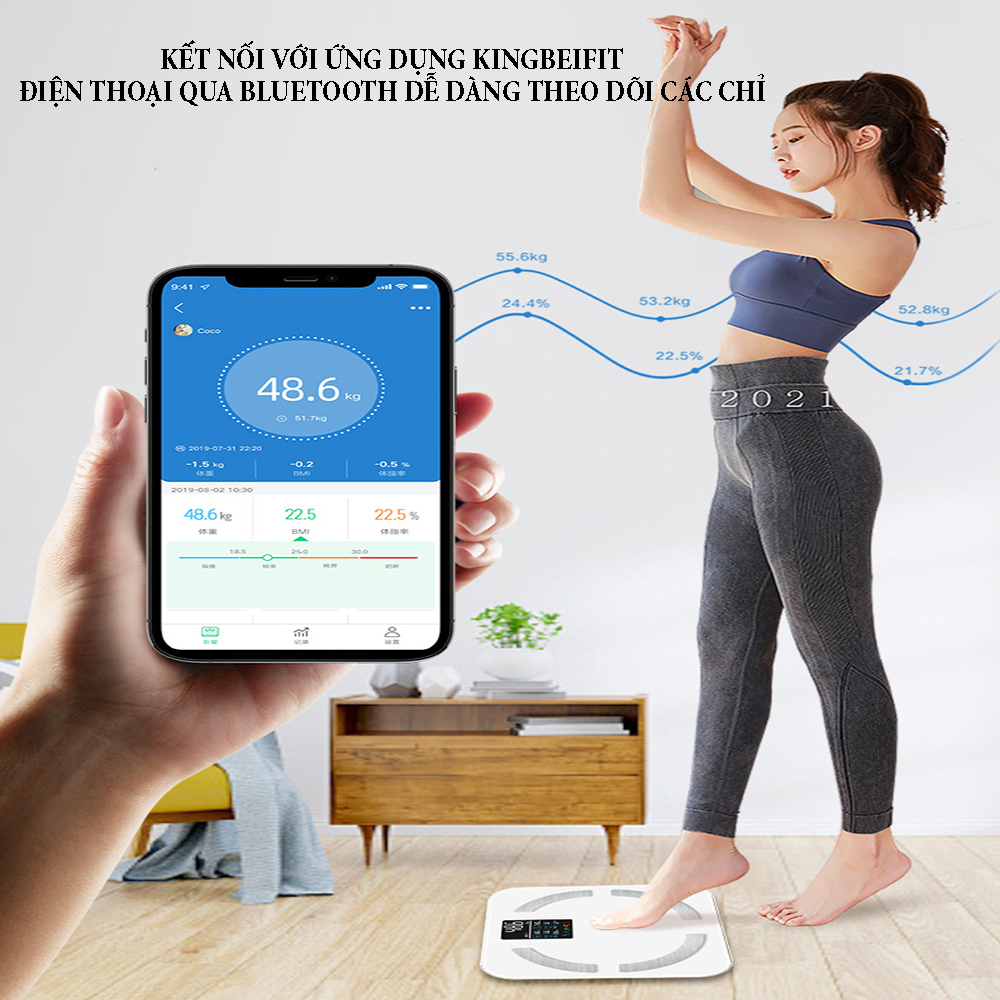 Cân sức khỏe điện tử thông minh Hileisen màn hình màu led hiển thị 8 thông số với 25 chức năng và dữ liệu, hỗ trợ kết nối ứng dụng Kingbeifit trên điện thoại qua bluetooth