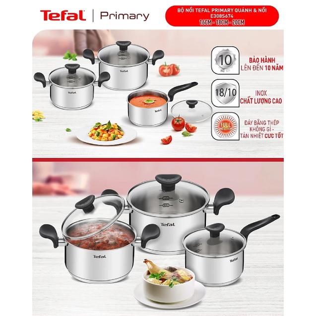 Bộ nồi Tefal Primary 16/18/20cm (quánh 16cm-1.5L,nồi 18cm-2.2L, nồi 20cm-3L) E308S674 - Hàng Chính Hãng