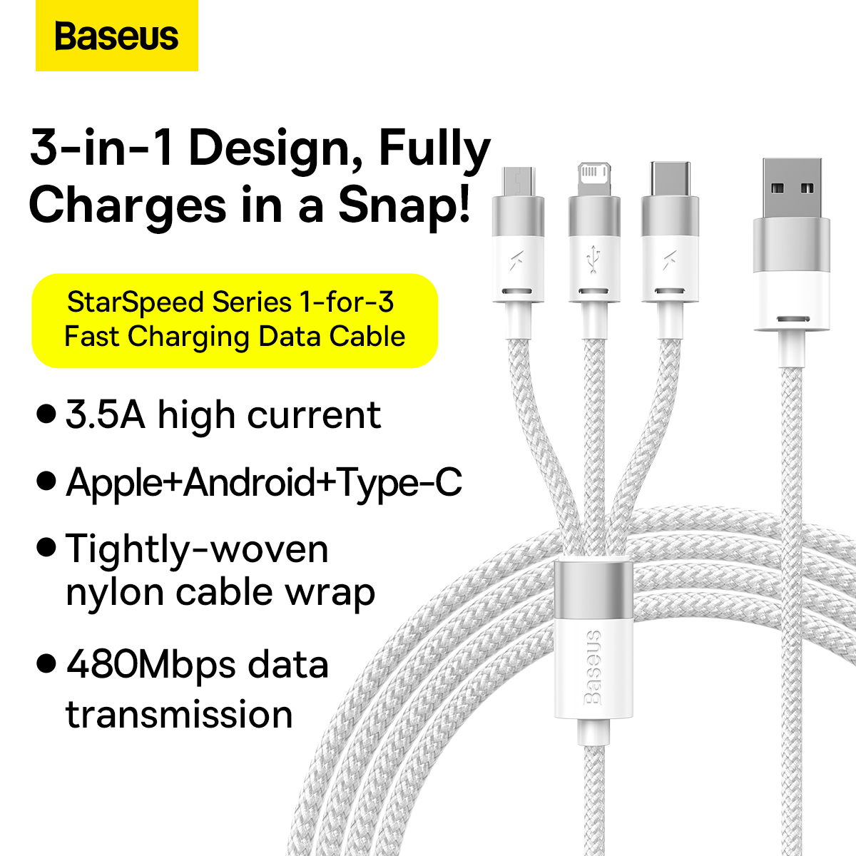 Cáp sạc 3 đầu Baseus StarSpeed 1 for 3 Fast Charging Data Cable USB to M+L+C 3.5A - Hàng chính hãng