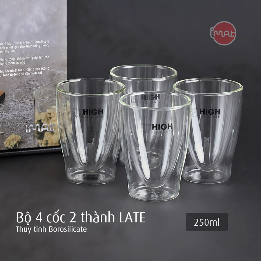 Bộ 4 Cốc LATE 2 Thành Thủy Tinh High Borosilicate Hai Lớp Cách Nhiệt, Chịu Nhiệt Cao, An Toàn Dùng