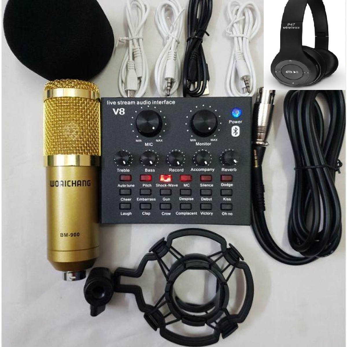 Combo Bộ mic thu âm BM900 và Sound Card V8 chuyên dụng hát live stream với đầy đủ chức năng chỉnh giọng âm thanh kem Tai Nghe Bluetooth - Hỗ Trợ Cắm Thẻ Nhớ Nghe Nhạc Chơi Game Trực Tiếp - Stereo Hifi Siêu Chất ( Cực Đẹp )