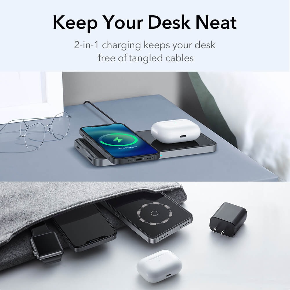 Dock Sạc Đôi Không Dây 2 Trong 1 HaloLock Magnetic Wireless Charger Dùng cho Iphone và Airpods kèm Củ Sạc- Hàng Chính Hãng