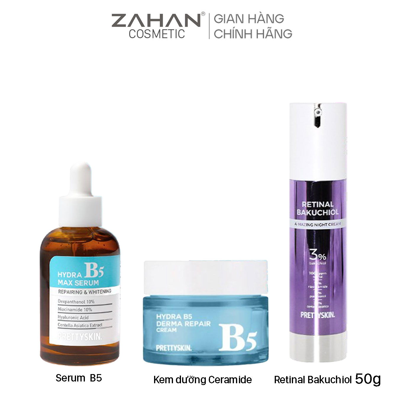 Combo Kem dưỡng Retinal Bakuchiol 50g, serum B5 50ml, kem dưỡng B5 Prettyskin 52ml( 3 sản phẩm)