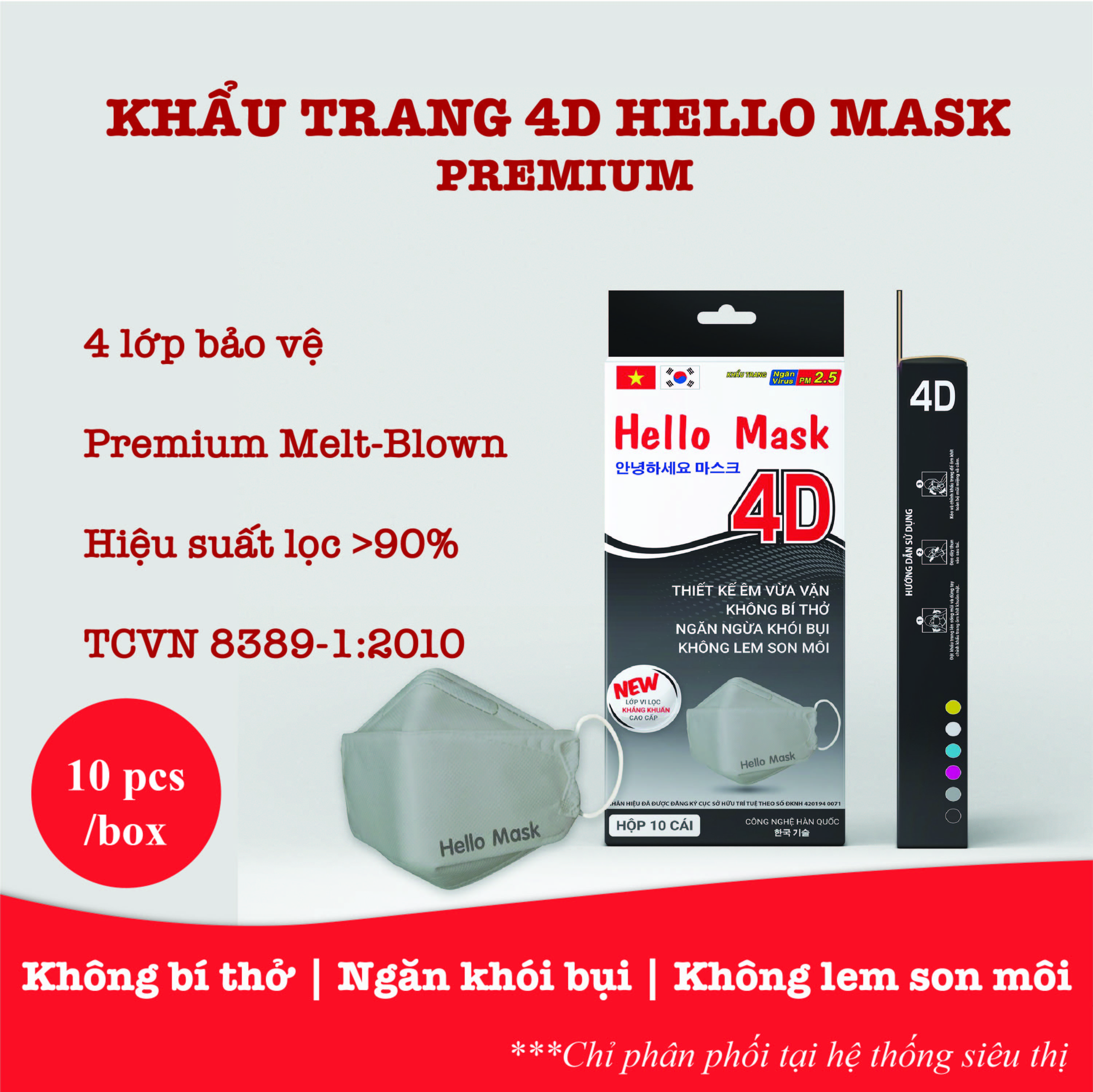 Khẩu trang Hello Mask 4D - màu xám - hộp 10 cái