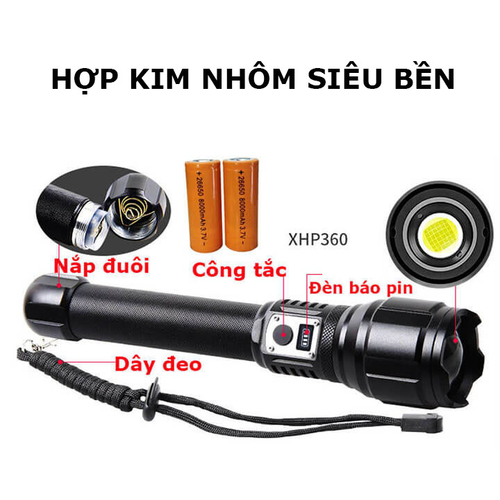 Đèn pin siêu sáng cầm tay XHP360 chiếu xa 500m có Zoom xa gần, pin trâu 16000mAh, chống thấm nước IPX4, 5 chế độ sáng