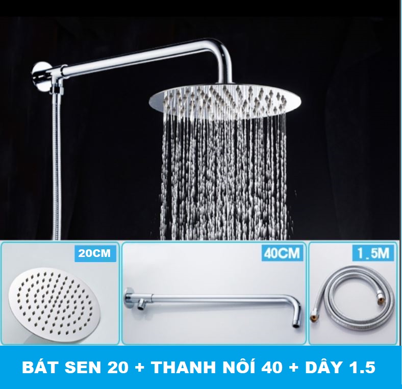 Đủ bộ cần treo bát sen TRÒN tắm đứng kèm dây nối bằng Inox sáng bóng tiện lợi