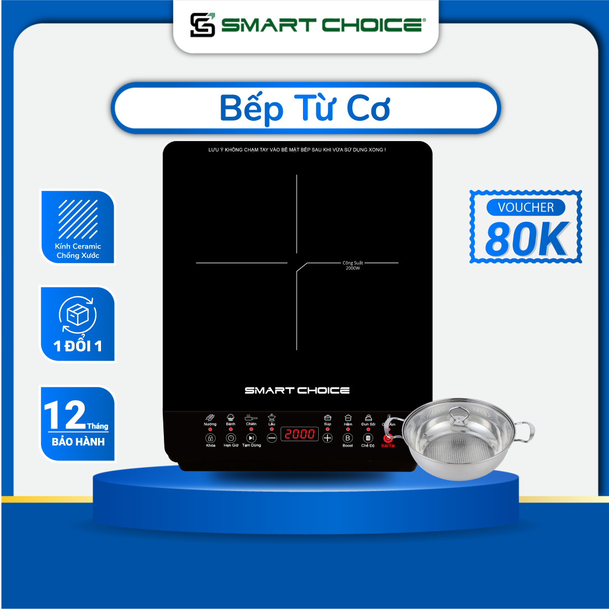 Bếp Từ Mặt Kính Cường Lực SMARTCHOICE, Bếp Điện Từ Kính Ceramic Chịu Lực Với 9 Chế Độ Cài Sẵn, Bếp Từ Đơn Công Suất 2000W, Hẹn Giờ 180 Phút - Bảo Hành Chính Hãng 18 tháng