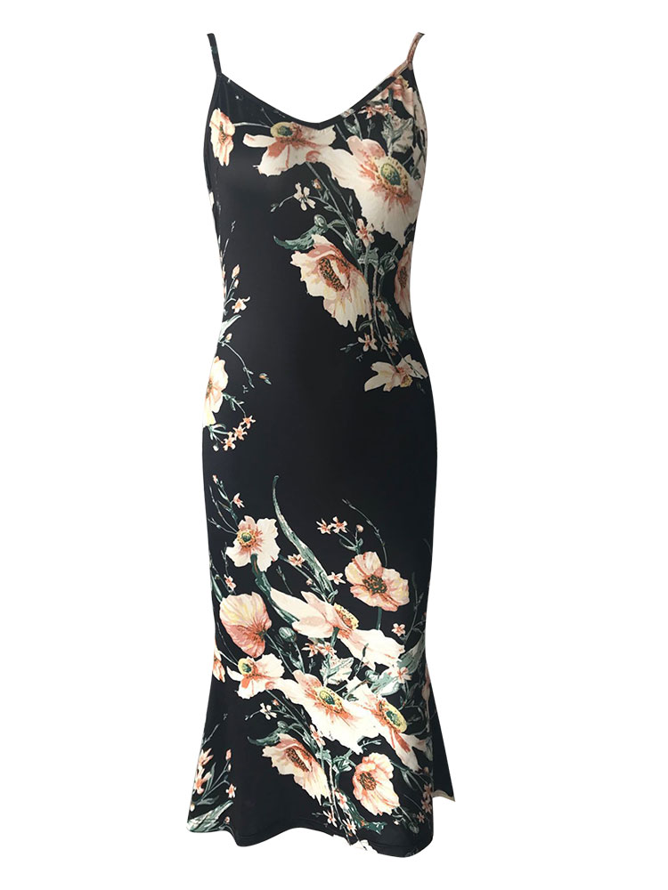 Sexy Women Floral Print Dress V Neck Straps Sleeveless Backless Bohemia Beach Vacation Dress