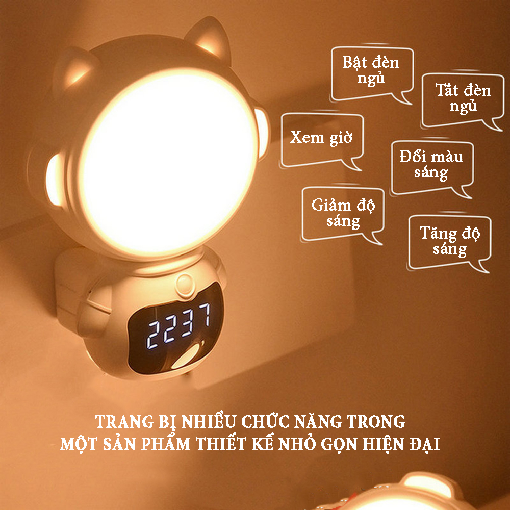 Đồng hồ xem giờ kết hợp đèn ngủ thông minh điều khiển từ xa ánh sáng ba màu có thể tăng giảm độ sáng, pin sạc 300mA