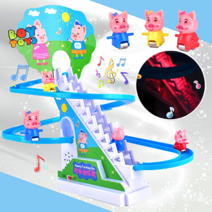 Bộ đồ chơi cầu trượt heo Piggy leo cầu thang có nhạc và đèn, bộ Piggy nhiều heo