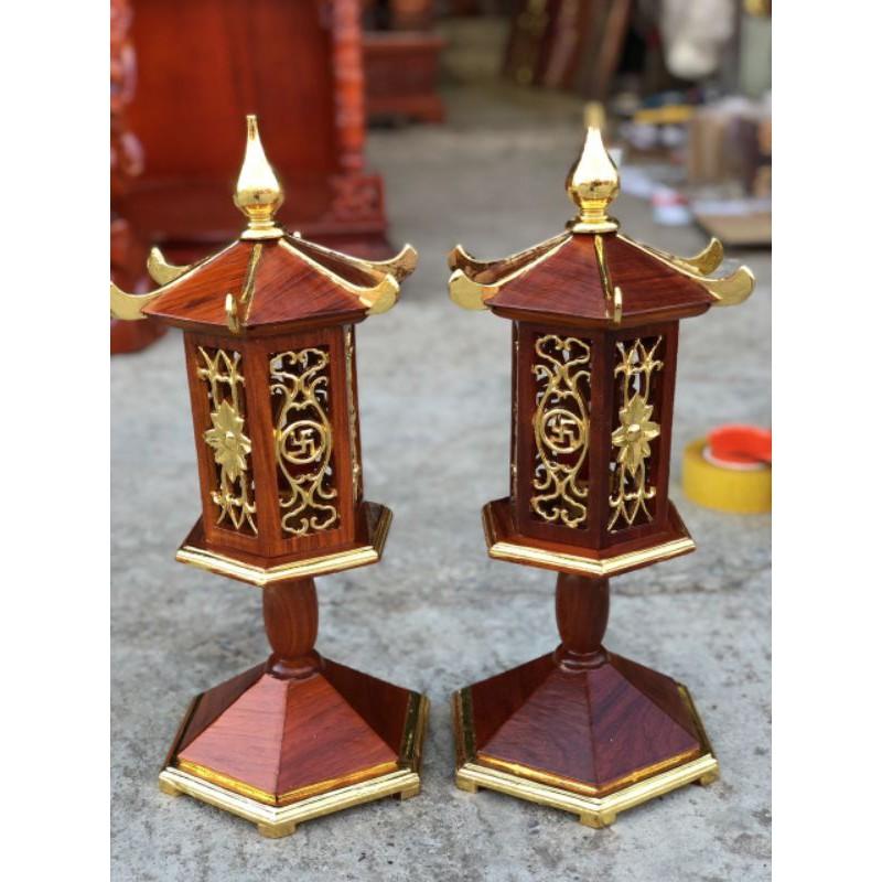 Cặp đèn thờ gỗ hương ta dát vàng cao 48cm