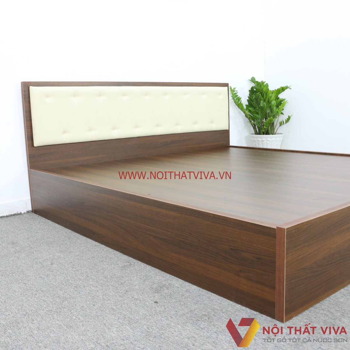 Giường Ngủ Gỗ Mdf Melamine Màu Nâu Có Đầu Nệm Kem Đẹp Giá Rẻ