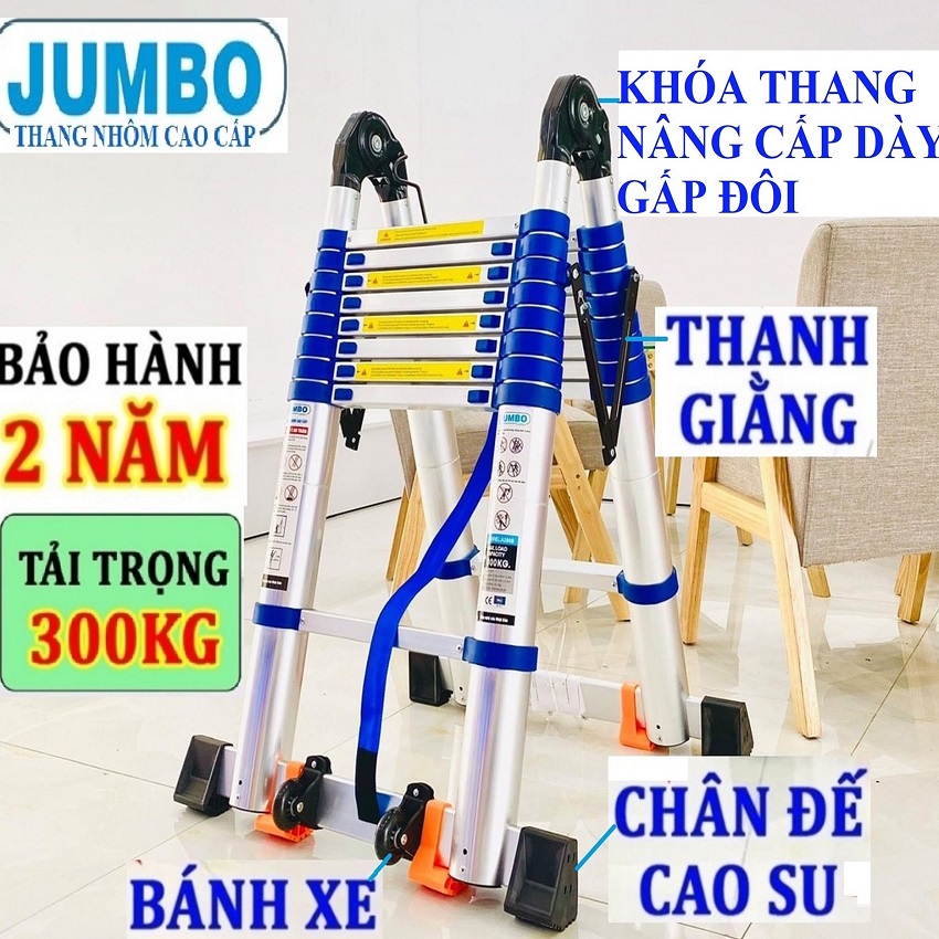 Thang Nhôm Rút Chữ A JUMBO A220B - Đai xanh, chữ A cao 2.2m, chữ I cao 4.4m, tải trọng 300kg  8 đế cao su chống trượt, có bánh xe kéo, khóa chốt cao cấp, bậc thang thiết kế chống trượt, thanh giằng giữa 2 bên thang - Luôn Có Phụ Kiện Thay Thế