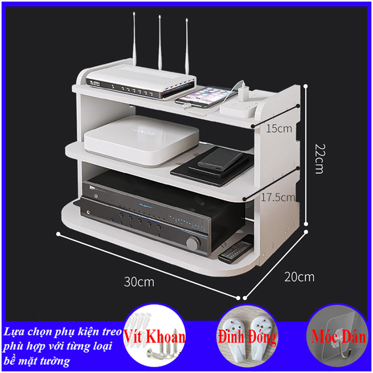 Kệ wifi treo tường 3 tầng, Giá đỡ wifi, đầu kỹ thuật số, modem, máy chiếu, chất liệu gỗ cao cấp màu trắng - B031