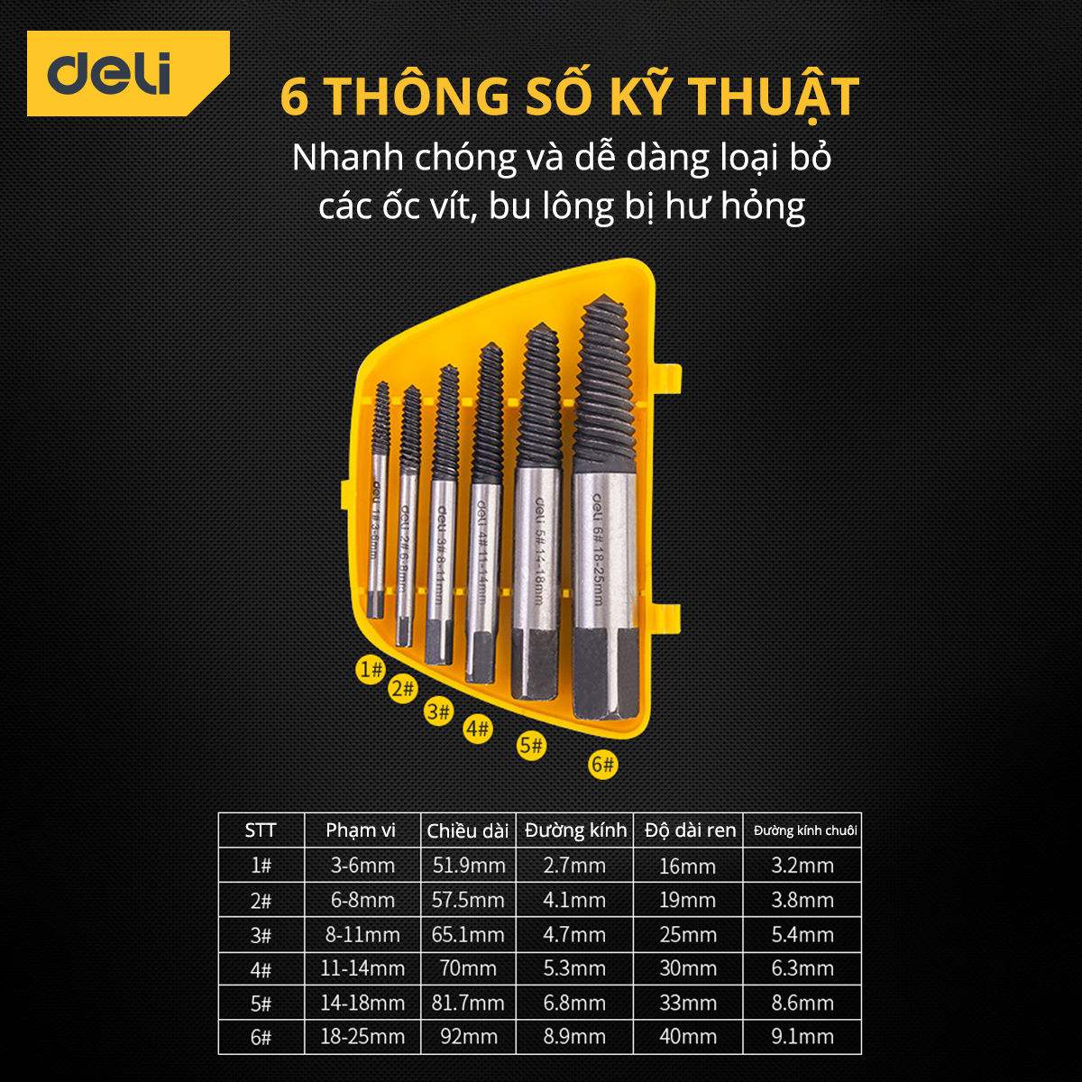 Bộ Mũi Vít Deli Nhổ Ốc Gãy, Tháo Bu Lông 6 Đầu Vít - Chất Liệu Thép CR-V Chống Mòn Gỉ - Dễ Dàng Sử Dụng - DL0026