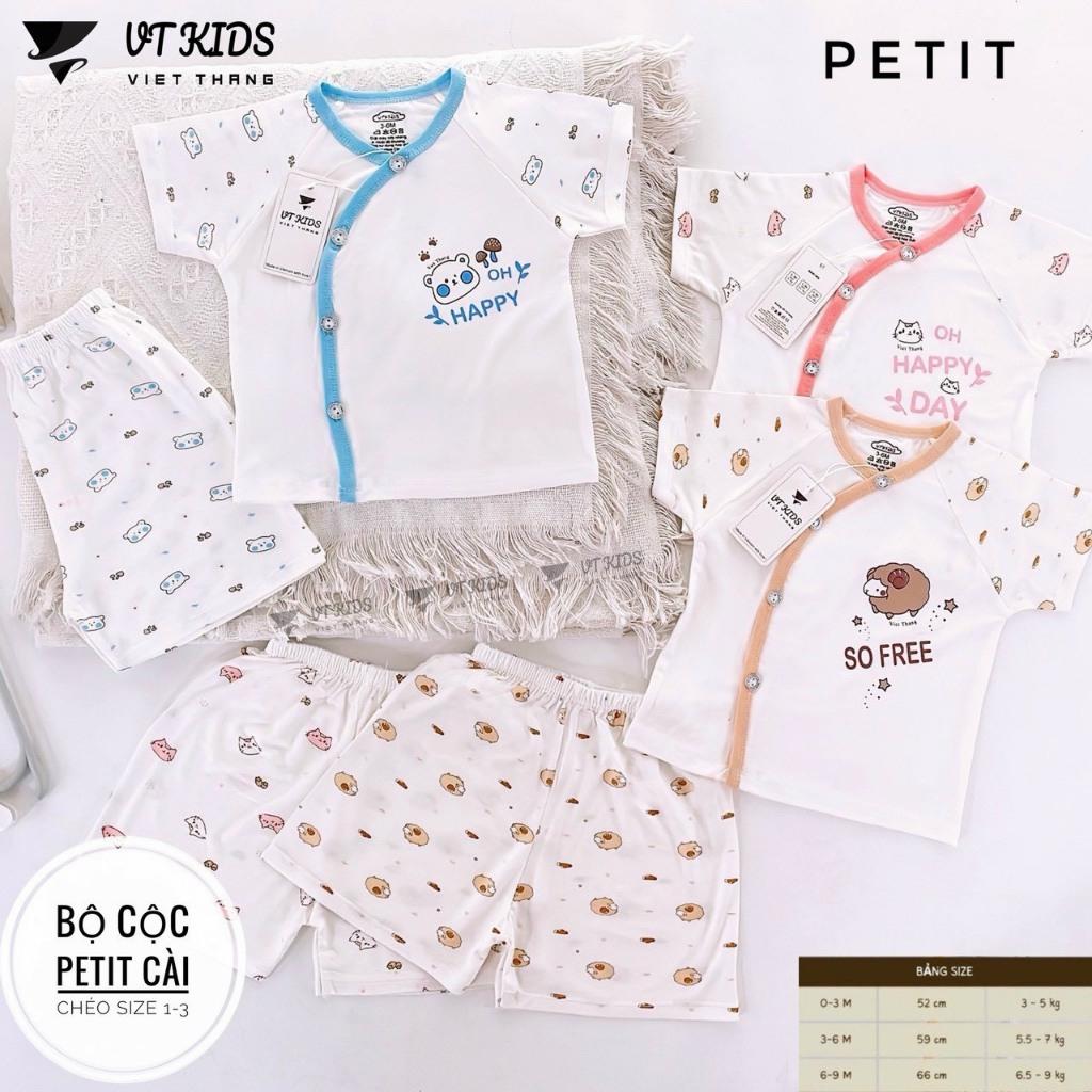 (3-9kg) Bộ Quần Áo Cộc Tay Họa Tiết Dễ Thương Chất Thun Petit Mềm, Mát, Co Giãn Tốt Thích Hợp Mặc Hè Cho Bé - Viền Nâu Be