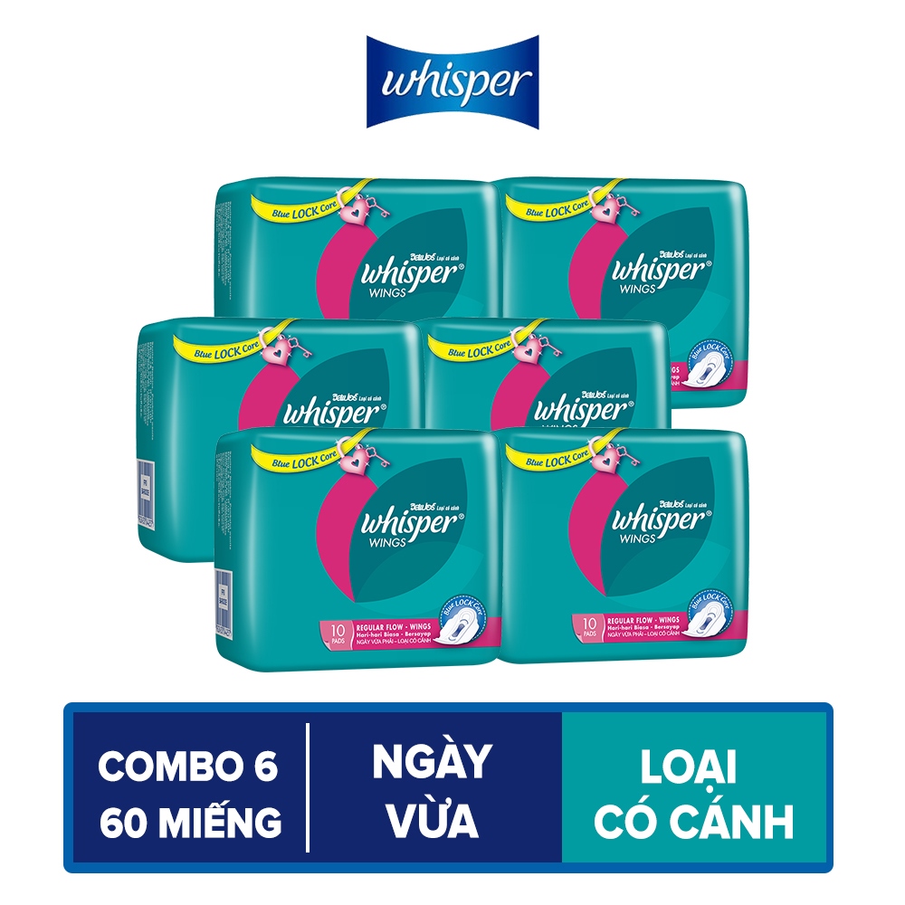 Combo 6 Băng Vệ Sinh Whisper Wings Có Cánh Ngày Vừa (Gói 10 Miếng)