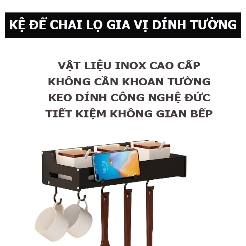 Kệ Gia Vị Nhà Bếp Bằng Thép Không Gỉ, Lắp Đặt Nhanh Chóng, Dính Tường Bằng Keo Siêu Dính ( Dài 30cm)