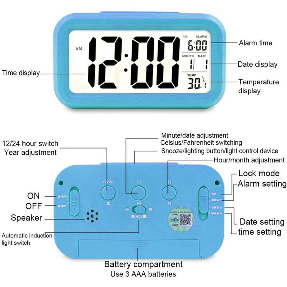 CHH1019 Đồng hồ báo thức kỹ thuật số thông minh có nút Báo lại ngày và nhiệt độ ở trên cùng Đồng hồ để bàn hình chữ nhật chạy bằng pin
