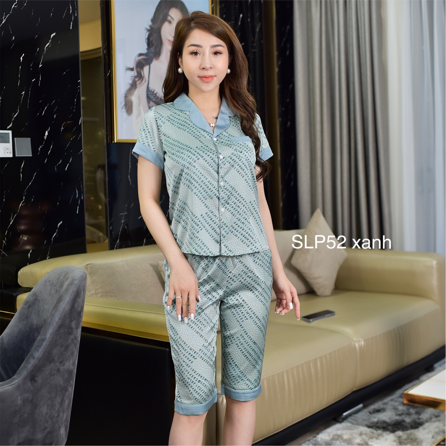 Bộ đồ pijama nữ mặc nhà cao cấp Suno - SLP52 xanh - Chất lụa satin mềm, mịn mặc mát, co giãn nhẹ và không nhăn