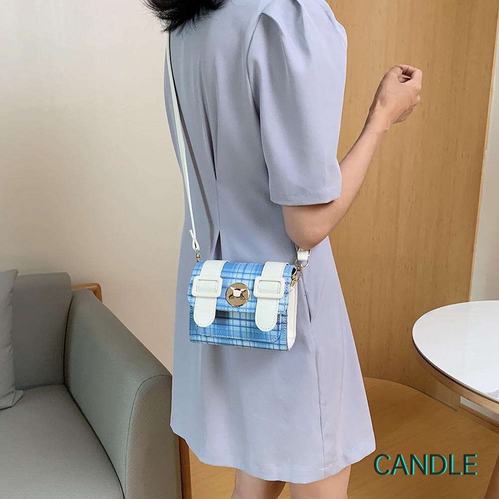 Túi đeo chéo bằng da mini họa tiết kẻ ô xinh xắn