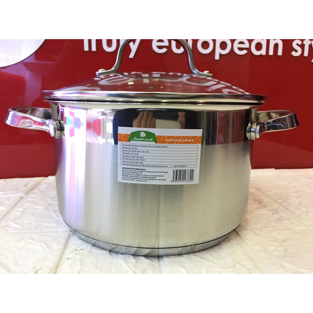 Bộ 3 nồi 18,20 và 24cm Inox 304 Elmich Smartcook SM3330 dùng bếp từ, Xuất xứ CH Séc Châu Âu, bảo hành 24 tháng