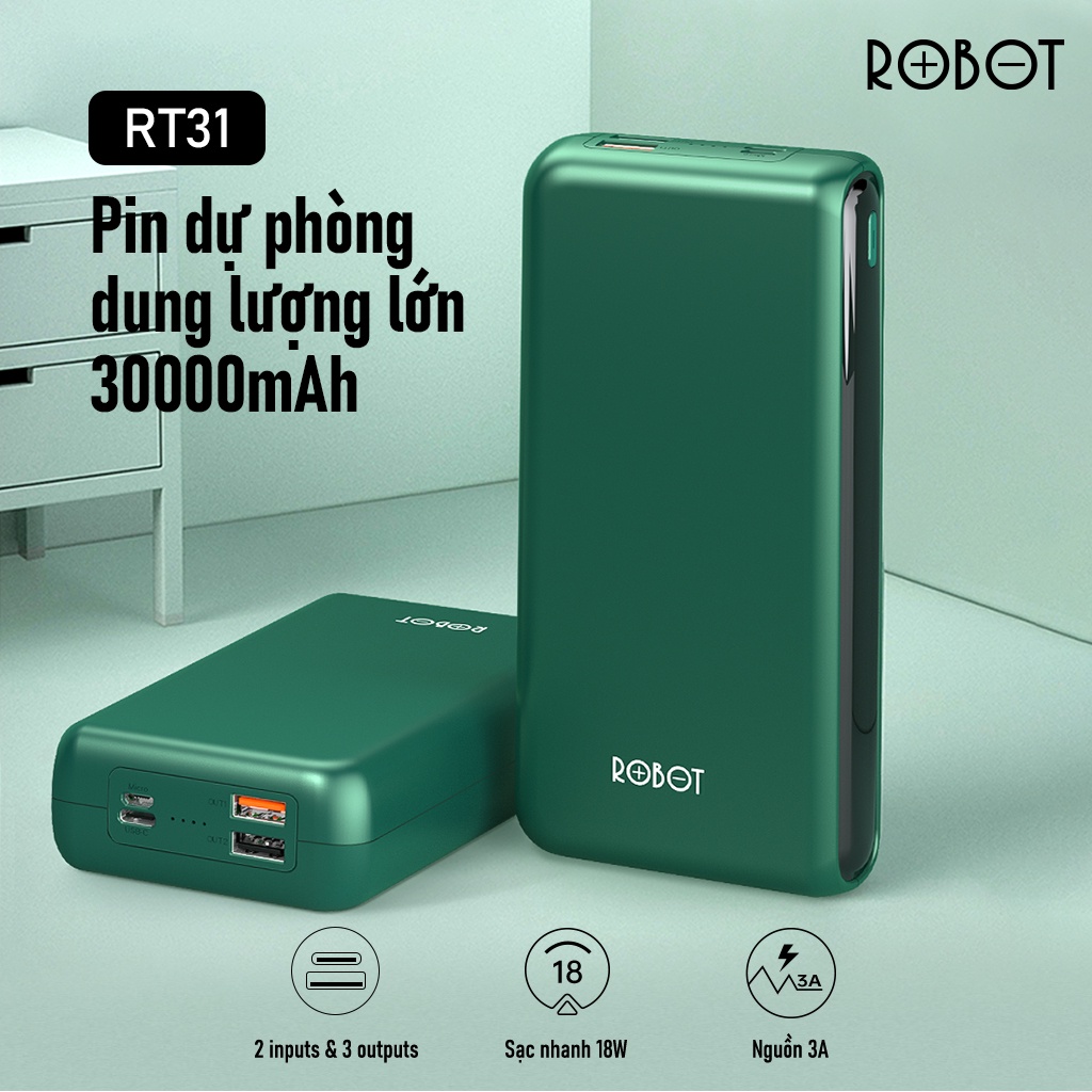 Pin Sạc Dự Phòng ROBOT RT31 30.000mAh Sạc Nhanh PD/QC 3.0 Công Suất 18W - 2 Input, 3 Output - Hàng Chính Hãng