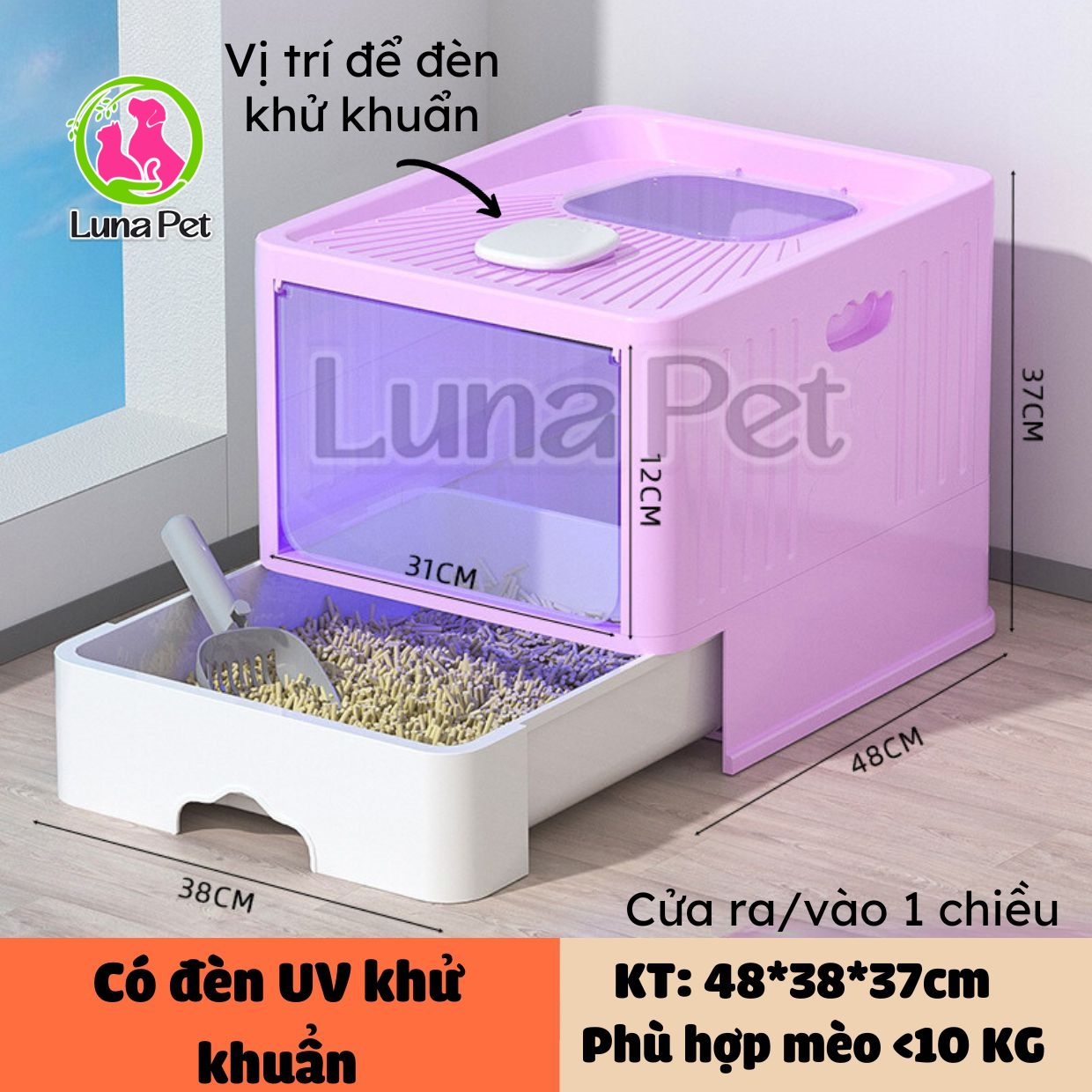 Nhà vệ sinh cho mèo 2 cửa LunaPet NV05 - Nhà vệ sinh mèo lớn với ngăn kéo kín chống văng cát