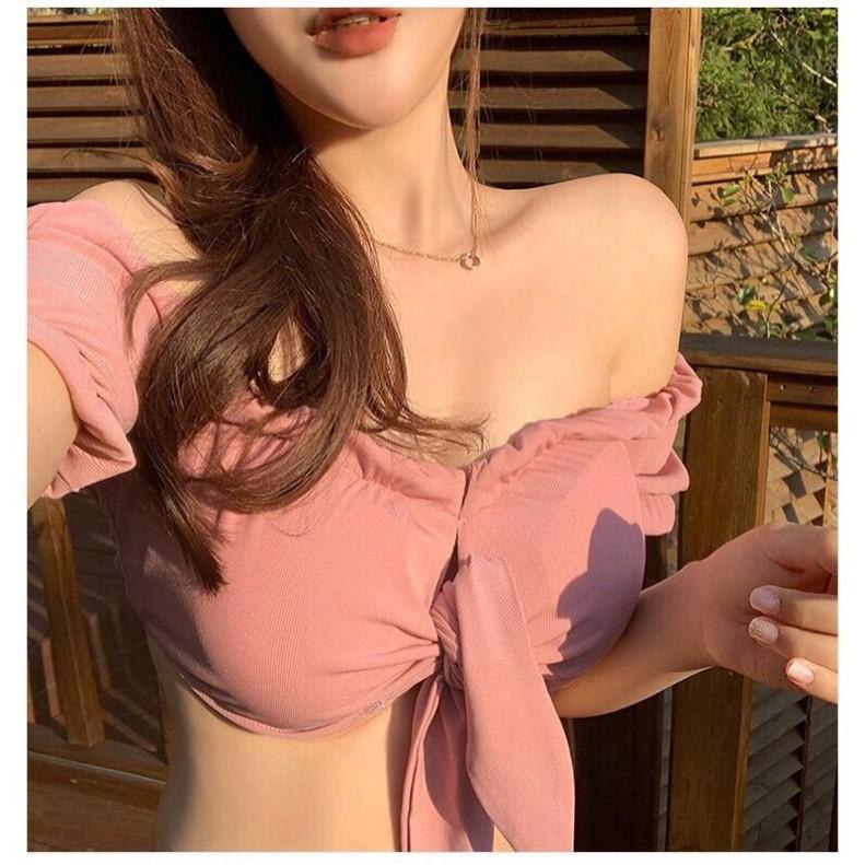 Bikini Áo Tắm Quảng Châu Cạp Cao Che Bụng Tay Bồng Bánh Bèo Thắt Nơ Ngực Nhẹ Nhàng Sexy Ulzzang Hottrend 2021