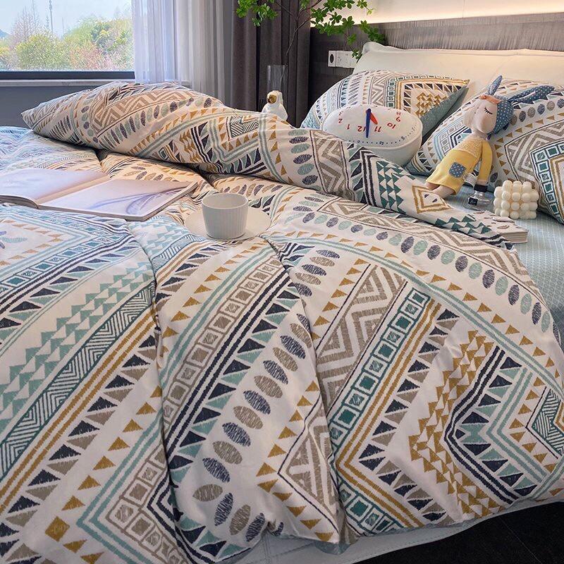Bộ Chăn Ga Gối Cotton Living 100%cotton Hàng Nhập Khẩu Cao Cấp 4 Món Thổ Cẩm Xanh