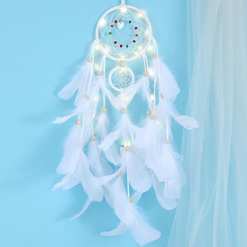 Dreamcatcher Đính Lông Vũ Có Đèn Led Màu Pastel/ Trắng/ Xanh/ Tím/ Hồng Treo Tường Trang Trí Phòng Ngủ Tặng Kèm Móc Dán