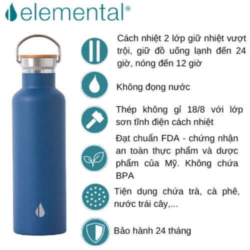 Hình ảnh [Hàng chính hãng – Thương hiệu Mỹ] Bình giữ nhiệt Elemental 750ml màu xanh navy, giữ nhiệt vượt trội, inox 304, FDA Hoa Kỳ, nắp gỗ cao cấp