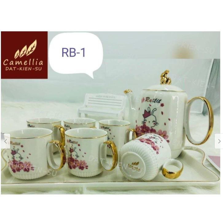Bộ ấm chén kèm khay sứ pha trà họa tiết nắp thỏ