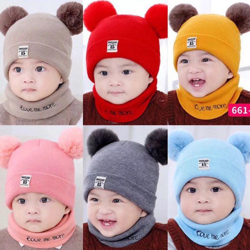 Mũ len 2 quả bông kèm khăn quấn cổ cho bé
