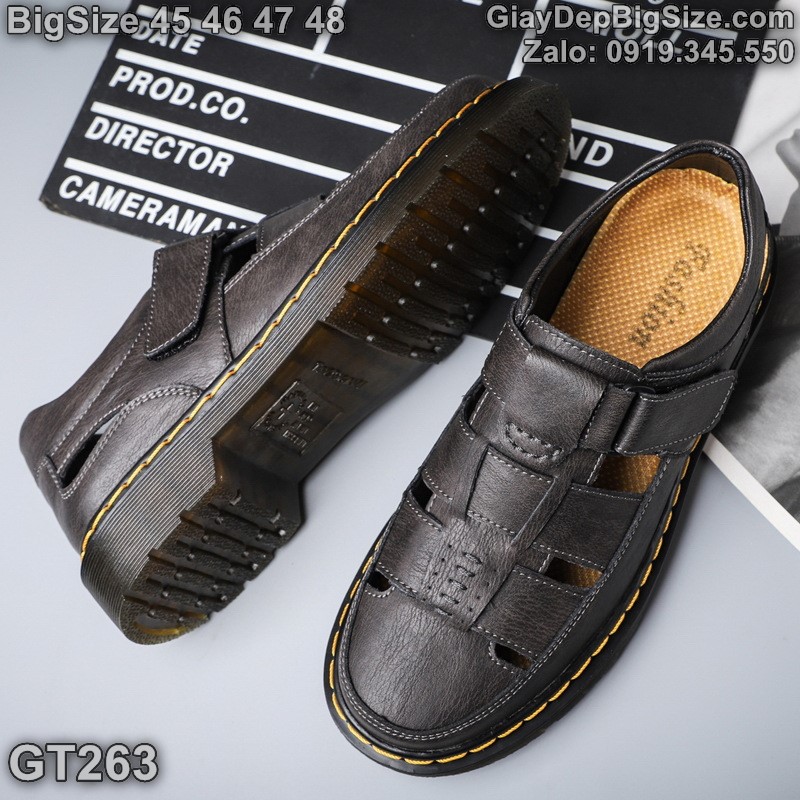 Giày xăng đan da thật đế kếp, giày tây quai dán cỡ lớn 45 46 47 48 cho nam chân to. Big size leather shoes for wide feet