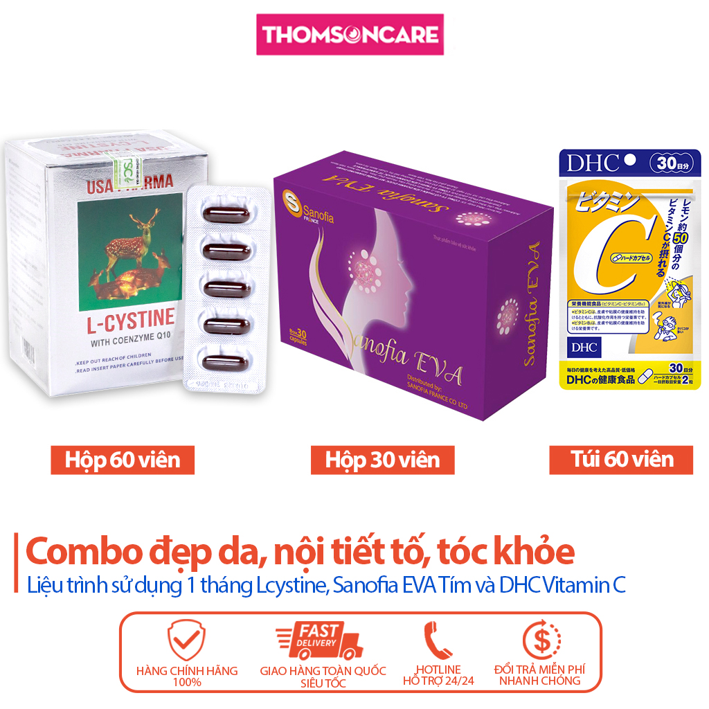 Combo nội tiết tố, làm đẹp da, giảm lão hóa viên uống L Cystine 60 viên, Sanofia Eva Tím 30 viên và Vitamin C DHC 60 viên - Thomsoncare
